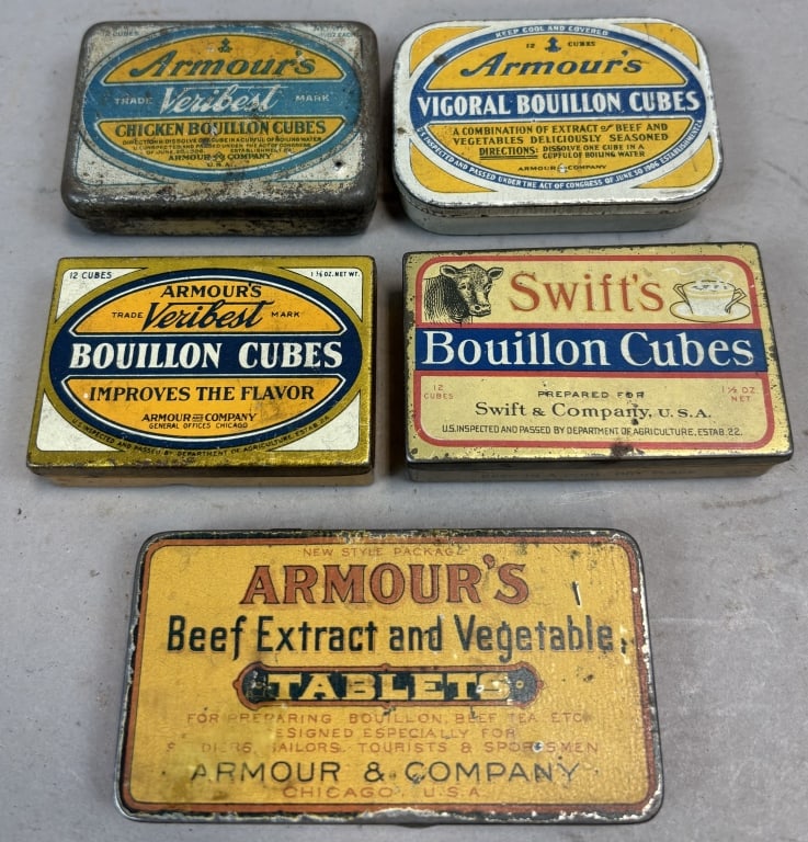 Lot of 5 Armour's & Swift's Bouillon Cubes Tins: Please make sure you view all photos and ask any questions you may have! Great original collectible item. This is day 1 of our 2 day one owner auction event. Thanks and have a great day! Holler &