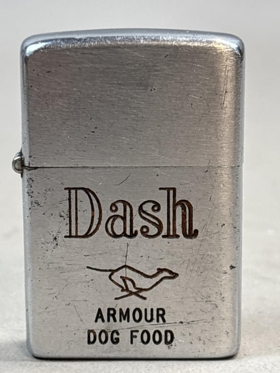 Dash Armour Dog Food Zippo Lighter: Please make sure you view all photos and ask any questions you may have! Great original collectible item. This is day 1 of our 2 day one owner auction event. Thanks and have a great day! Holler & Hamm