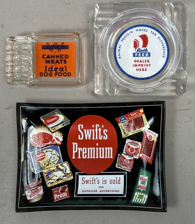 3 Wilson & Co, Swift's, & Rath Feed Ashtrays: Please make sure you view all photos and ask any questions you may have! Great original collectible item. This is day 1 of our 2 day one owner auction event. Thanks and have a great day! Holler &