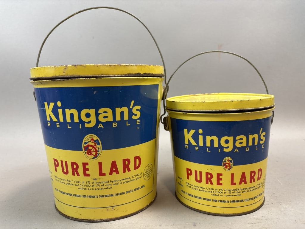 Kingan's Reliable 4 & 8lb Pure Lard Tin Buckets: Please make sure you view all photos and ask any questions you may have! Great original collectible item. This is day 1 of our 2 day one owner auction event. Thanks and have a great day! Holler &