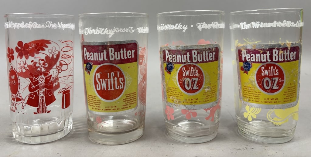 Lot of 4 Swift's Wizard of Oz Glasses: Please make sure you view all photos and ask any questions you may have! Great original collectible item. This is day 1 of our 2 day one owner auction event. Thanks and have a great day! Holler & Hamm