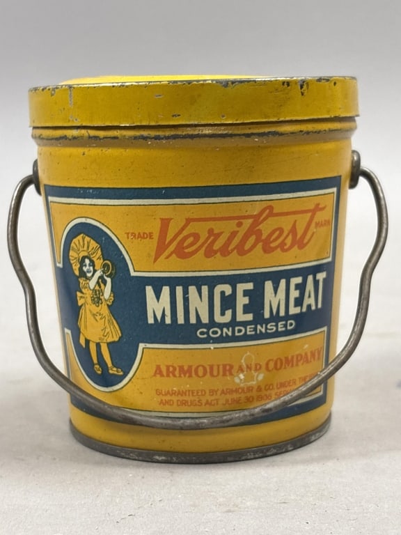 Veribest Mince Meat Tin Bucket with Handle: Please make sure you view all photos and ask any questions you may have! Great original collectible item. This is day 1 of our 2 day one owner auction event. Thanks and have a great day! Holler &