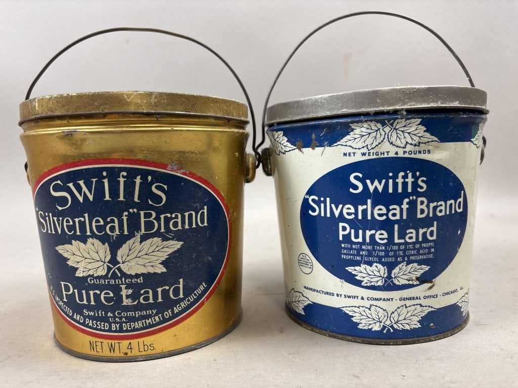 Pair Swift's Silverleaf Pure Lard Tin Buckets: Please make sure you view all photos and ask any questions you may have! Great original collectible item. This is day 1 of our 2 day one owner auction event. Thanks and have a great day! Holler & Hamm