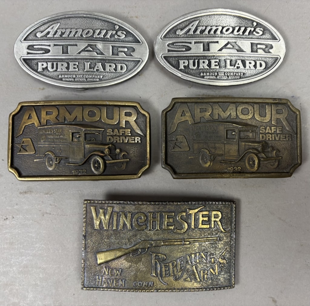 Lot of 5 Armour & Winchester Belt Buckles: Please make sure you view all photos and ask any questions you may have! Great original collectible item. This is day 1 of our 2 day one owner auction event. Thanks and have a great day! Holler & Hamm