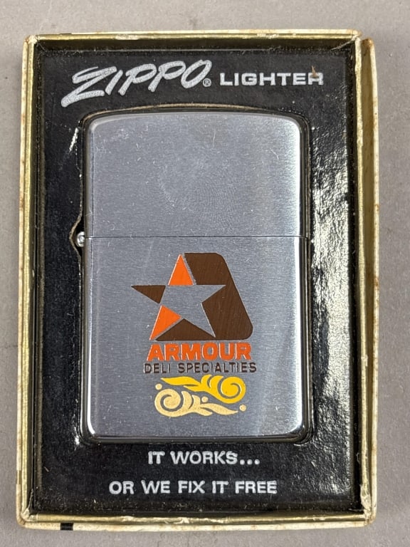 Armour Deli Specialties Zippo Lighter: Please make sure you view all photos and ask any questions you may have! Great original collectible item. This is day 1 of our 2 day one owner auction event. Thanks and have a great day! Holler &