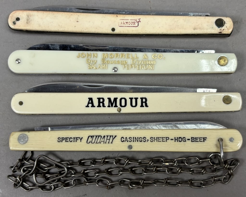 Lot of 4 Armour 1920s Advertising 5" Meat Knives: Please make sure you view all photos and ask any questions you may have! Great original collectible item. This is day 1 of our 2 day one owner auction event. Thanks and have a great day! Holler & Hamm