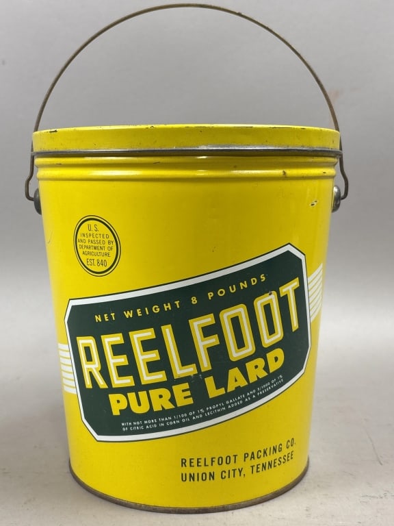 Reedfoot 8lb Pure Lard Tin Bucket w/ Handle: Please make sure you view all photos and ask any questions you may have! Great original collectible item. This is day 1 of our 2 day one owner auction event. Thanks and have a great day! Holler & Hamm