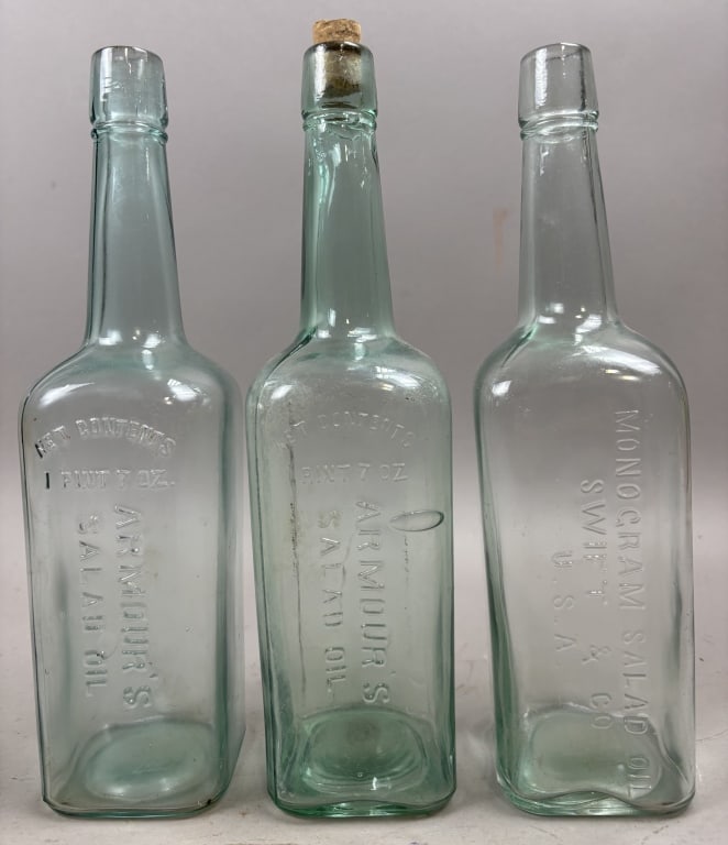 3 Armour's & Swift's Salad Oil Glass Bottles: Please make sure you view all photos and ask any questions you may have! Great original collectible item. This is day 1 of our 2 day one owner auction event. Thanks and have a great day! Holler & Hamm