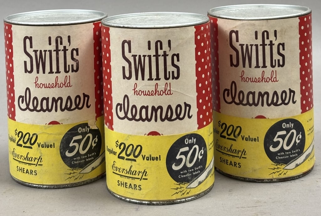 Lot of 3 Swift's Household Cleanser Full Unopened: Please make sure you view all photos and ask any questions you may have! Great original collectible item. This is day 1 of our 2 day one owner auction event. Thanks and have a great day! Holler & Hamm
