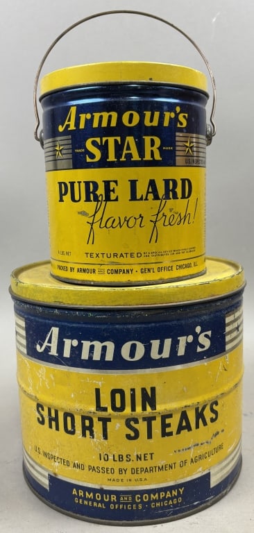 Pair Armour's Lard & Loin Short Steaks Tins: Please make sure you view all photos and ask any questions you may have! Great original collectible item. This is day 1 of our 2 day one owner auction event. Thanks and have a great day! Holler & Hamm
