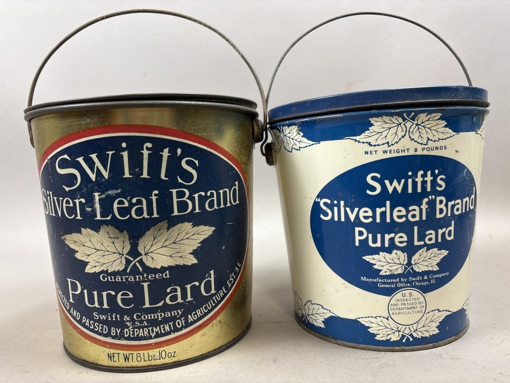 Pair Swift's 8lb Pure Lard Tin Buckets w/ Handles: Please make sure you view all photos and ask any questions you may have! Great original collectible item. This is day 1 of our 2 day one owner auction event. Thanks and have a great day! Holler & Hamm