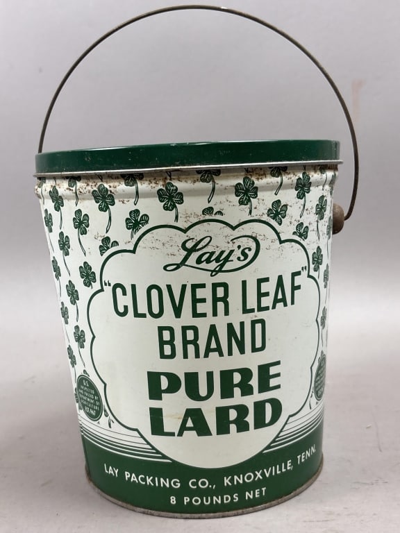 Lay's 8lb Clover Leaf Pure Lard Bucket w/ Handle: Please make sure you view all photos and ask any questions you may have! Great original collectible item. This is day 1 of our 2 day one owner auction event. Thanks and have a great day! Holler & Hamm