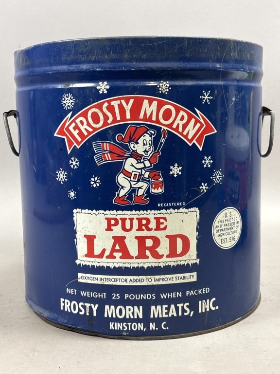 Frosty Morn 25lb Pure Lard Tin Bucket w/ Handles: Please make sure you view all photos and ask any questions you may have! Great original collectible item. This is day 1 of our 2 day one owner auction event. Thanks and have a great day! Holler & Hamm