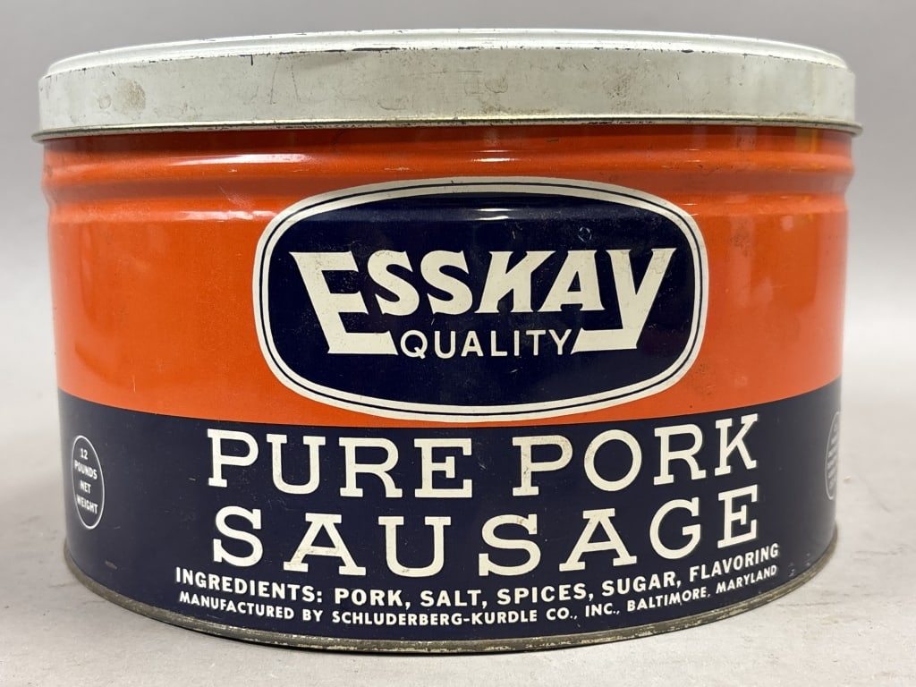 Esskay 12lb Pure Pork Sausage Tin: Please make sure you view all photos and ask any questions you may have! Great original collectible item. This is day 1 of our 2 day one owner auction event. Thanks and have a great day! Holler & Hamm