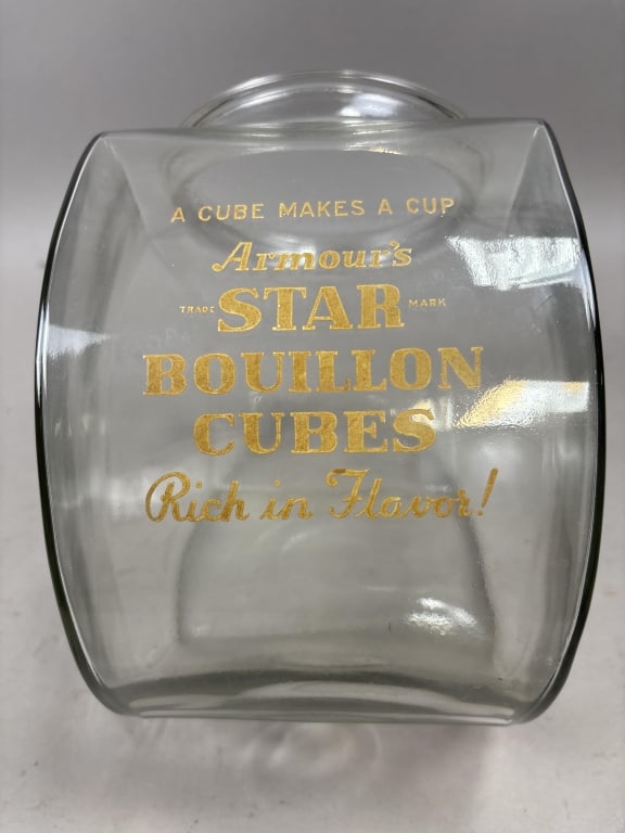 Armour's Bouillion Cubes Glass Jar: Please make sure you view all photos and ask any questions you may have! Great original collectible item. This is day 1 of our 2 day one owner auction event. Thanks and have a great day! Holler & Hamm