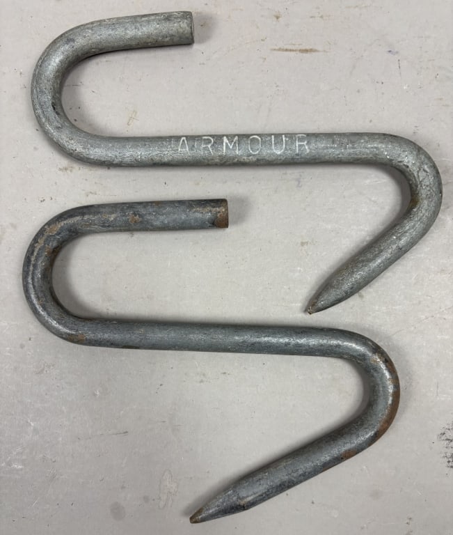 Pair Armour & Swift's Meat Hooks: Please make sure you view all photos and ask any questions you may have! Great original collectible item. This is day 1 of our 2 day one owner auction event. Thanks and have a great day! Holler & Hamm
