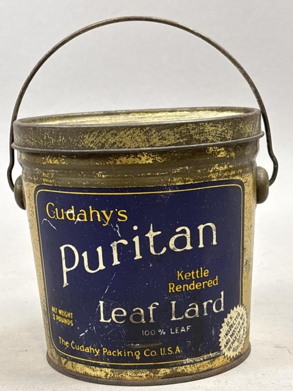 Gudahy's Puritan Leaf Lard Tin Bucket w/ Handle: Please make sure you view all photos and ask any questions you may have! Great original collectible item. This is day 1 of our 2 day one owner auction event. Thanks and have a great day! Holler & Hamm