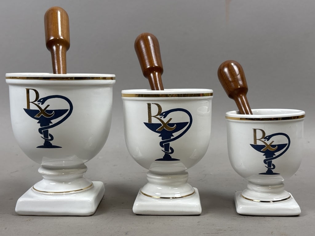 Lot of 3 Pharmacy Apothecary Mortar & Pestel Set: Please make sure you view all photos and ask any questions you may have! Great original collectible item. This is day 1 of our 2 day one owner auction event. Thanks and have a great day! Holler & Hamm