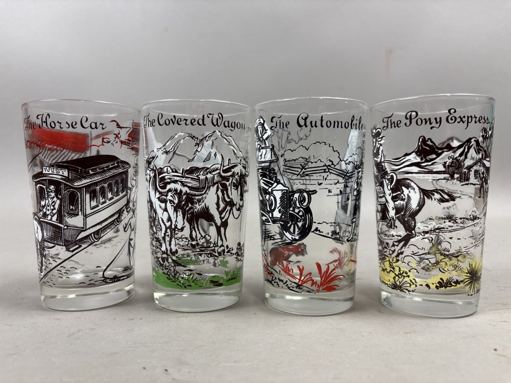 Lot of 4 Western Glasses: Please make sure you view all photos and ask any questions you may have! Great original collectible item. This is day 1 of our 2 day one owner auction event. Thanks and have a great day! Holler &