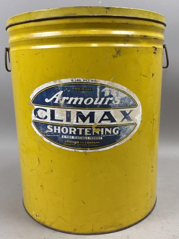 Armour's 48lb Climax Shortening Side Handle Tin: Please make sure you view all photos and ask any questions you may have! Great original collectible item. This is day 1 of our 2 day one owner auction event. Thanks and have a great day! Holler &