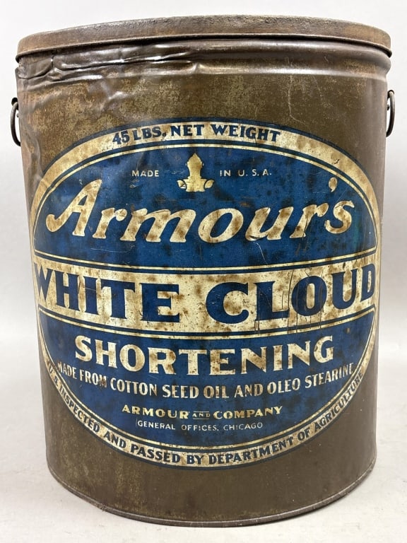 Armour's 45lb White Cloud Shortening Tin: Please make sure you view all photos and ask any questions you may have! Great original collectible item. This is day 1 of our 2 day one owner auction event. Thanks and have a great day! Holler & Hamm