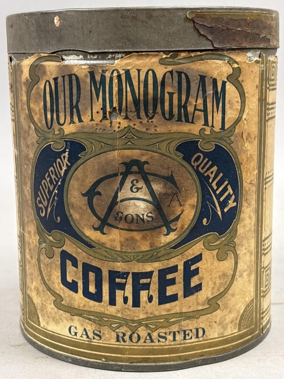 Our Monogram Coffee Gas Roasted Tin: Please make sure you view all photos and ask any questions you may have! Great original collectible item. This is day 1 of our 2 day one owner auction event. Thanks and have a great day! Holler &