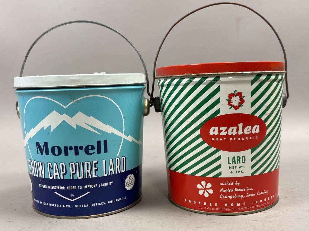 Pair Morrell & Azalea Lard Tin Buckets w/ Handles: Please make sure you view all photos and ask any questions you may have! Great original collectible item. This is day 1 of our 2 day one owner auction event. Thanks and have a great day! Holler &