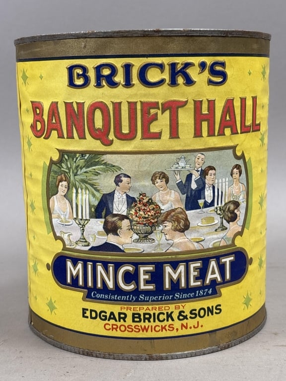 Brick's Banquet Hall 7lb 8oz Mince Meat Tin: Please make sure you view all photos and ask any questions you may have! Great original collectible item. This is day 1 of our 2 day one owner auction event. Thanks and have a great day! Holler &