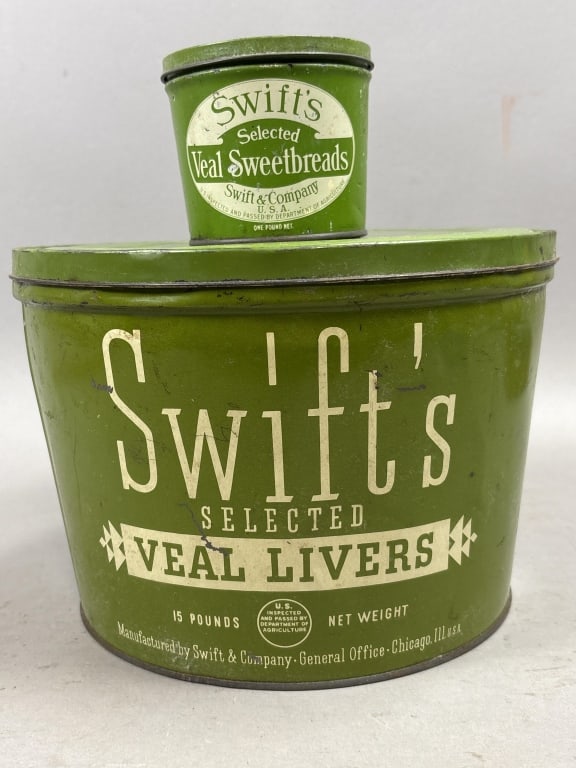 Swift's 1 & 15lb Veal Sweetbreads & Livers Tin: Please make sure you view all photos and ask any questions you may have! Great original collectible item. This is day 1 of our 2 day one owner auction event. Thanks and have a great day! Holler &