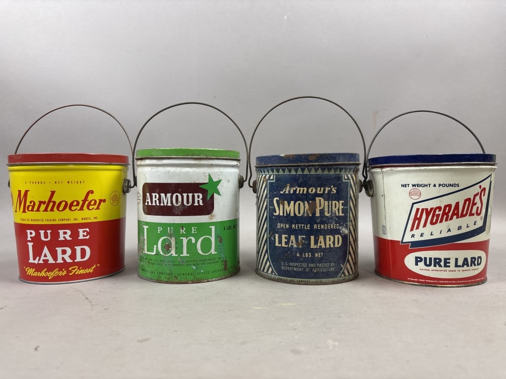 Lot of 4 Pure Lard 4lb Tin Buckets w/ Handles: Please make sure you view all photos and ask any questions you may have! Great original collectible item. This is day 1 of our 2 day one owner auction event. Thanks and have a great day! Holler &