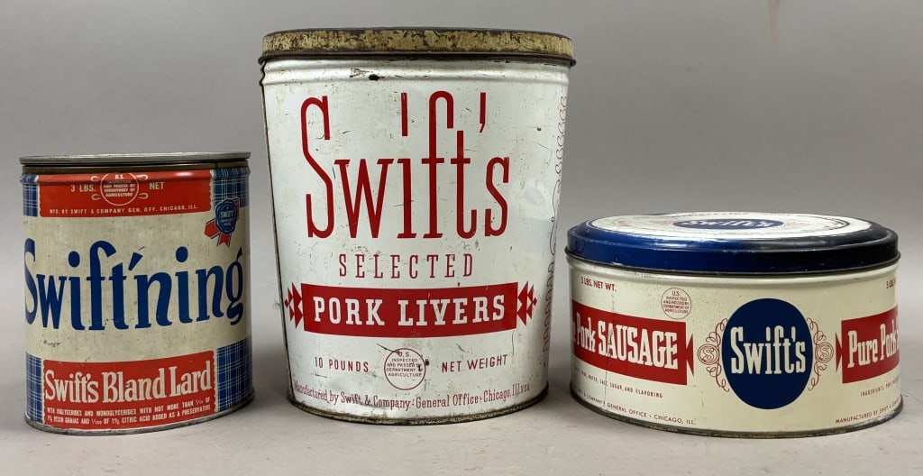 3 Swift's 3, 5, 10lb Lard Liver Sausage Tins: Please make sure you view all photos and ask any questions you may have! Great original collectible item. This is day 1 of our 2 day one owner auction event. Thanks and have a great day! Holler & Hamm