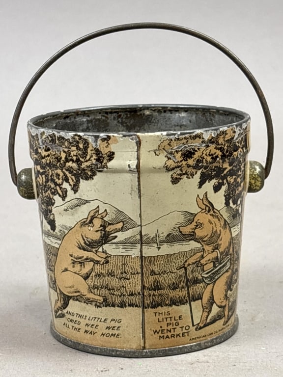 5 Little Piggy Nursery Rhyme Bucket Tin: Please make sure you view all photos and ask any questions you may have! Great original collectible item. This is day 1 of our 2 day one owner auction event. Thanks and have a great day! Holler &