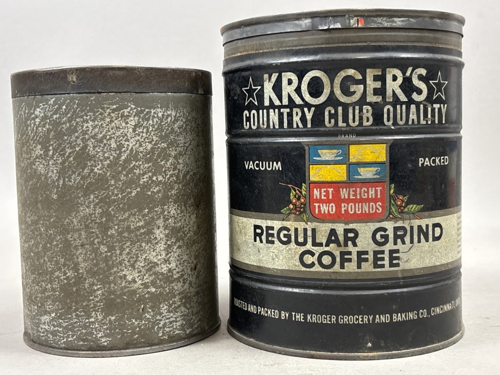 Pair Antique Armour's & Kroger Coffee Tins: Please make sure you view all photos and ask any questions you may have! Great original collectible item. This is day 1 of our 2 day one owner auction event. Thanks and have a great day! Holler & Hamm