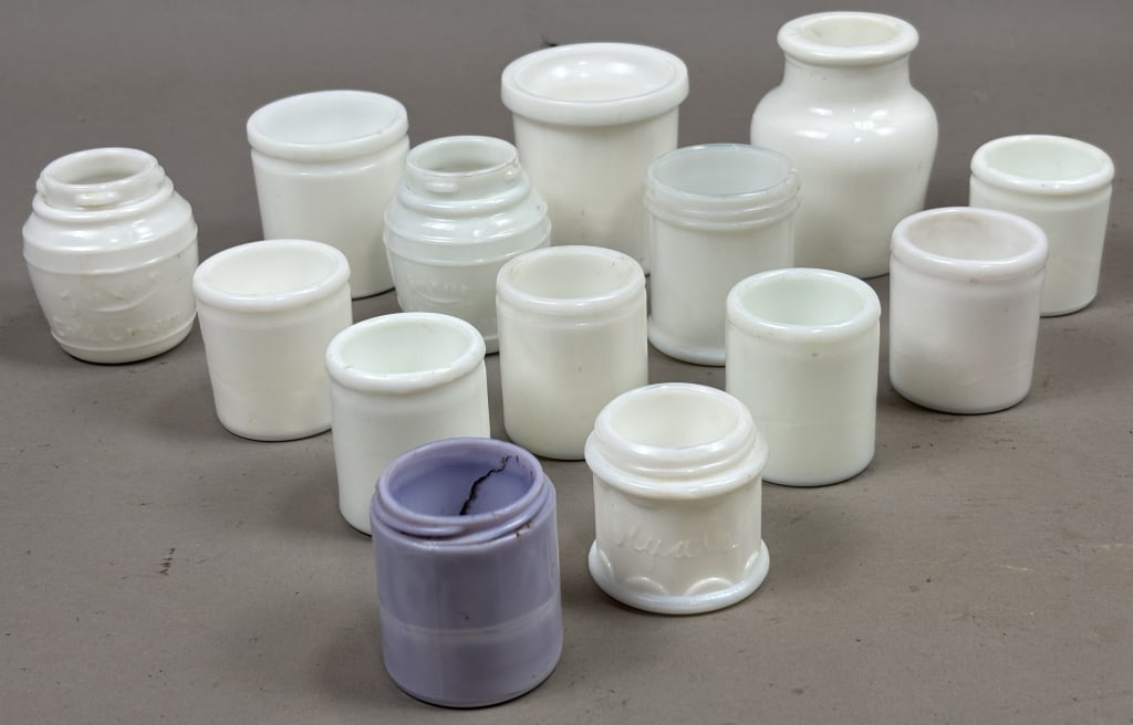 Lot of 14 Armour's Cold Cream Milk Glass Jars: Please make sure you view all photos and ask any questions you may have! Great original collectible item. This is day 1 of our 2 day one owner auction event. Thanks and have a great day! Holler & Hamm