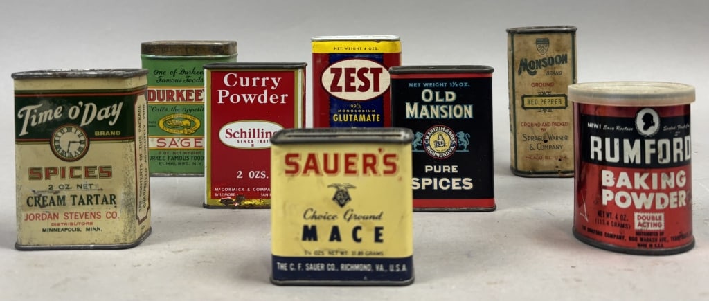 Lot 8 Spice Tins Zest Sauer's Rumfords Old Mansion: All but 1 are unopened - Please make sure you view all photos and ask any questions you may have! Great original collectible item. This is day 1 of our 2 day one owner auction event. Thanks and have a