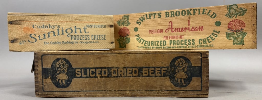 Lot 3 Antique Cheese & Dried Beef Wooden Crates: Please make sure you view all photos and ask any questions you may have! Great original collectible item. This is day 1 of our 2 day one owner auction event. Thanks and have a great day! Holler & Hamm
