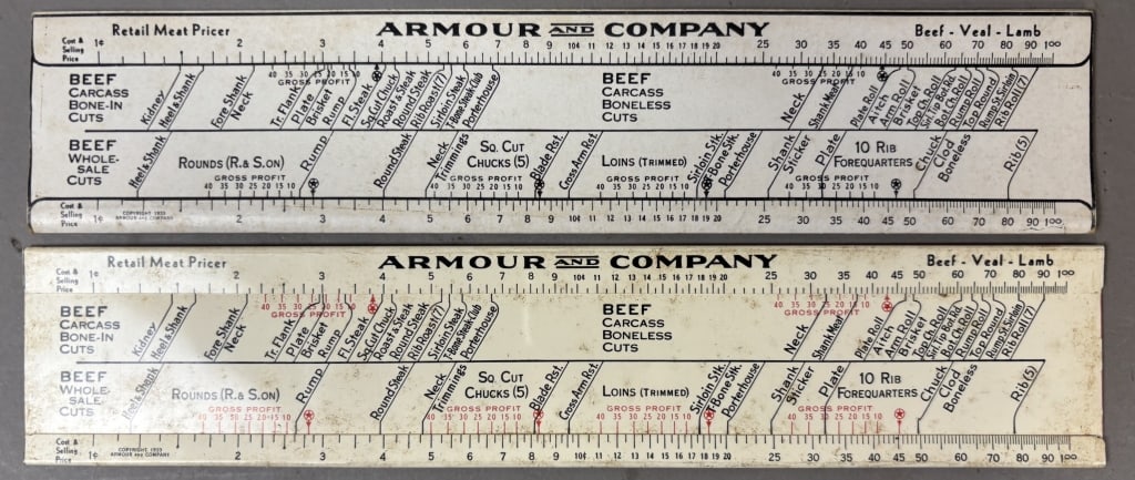 2 Armour Celluloid Advertising Retail Meat Pricer: Please make sure you view all photos and ask any questions you may have! Great original collectible item. This is day 1 of our 2 day one owner auction event. Thanks and have a great day! Holler & Hamm