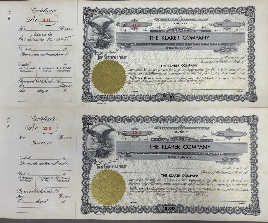 Pair The Klater Company Share Certificates: Please make sure you view all photos and ask any questions you may have! Great original collectible item. This is day 1 of our 2 day one owner auction event. Thanks and have a great day! Holler &