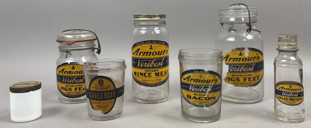 7 Armour Veribest Glass Jars Bacon Mince Meat: Please make sure you view all photos and ask any questions you may have! Great original collectible item. This is day 1 of our 2 day one owner auction event. Thanks and have a great day! Holler & Hamm