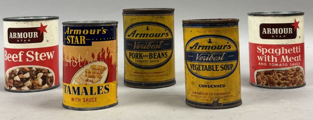 Lot of 5 Armour's Food Cans All Opened: Please make sure you view all photos and ask any questions you may have! Great original collectible item. This is day 1 of our 2 day one owner auction event. Thanks and have a great day! Holler & Hamm