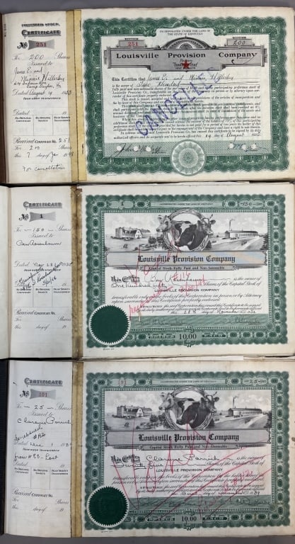 3 Louisville Provision Co Stock Certificate Books: Please make sure you view all photos and ask any questions you may have! Great original collectible item. This is day 1 of our 2 day one owner auction event. Thanks and have a great day! Holler &