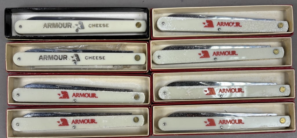 Lot of 8 Armour Knives: Please make sure you view all photos and ask any questions you may have! Great original collectible item. This is day 1 of our 2 day one owner auction event. Thanks and have a great day! Holler & Hamm