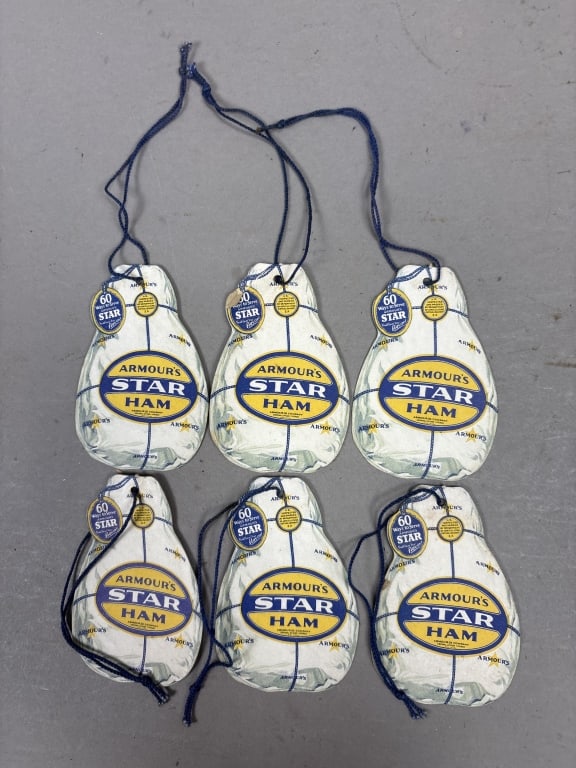 Lot of 6 Armour's Star Ham Tags: Please make sure you view all photos and ask any questions you may have! Great original collectible item. This is day 1 of our 2 day one owner auction event. Thanks and have a great day! Holler & Hamm