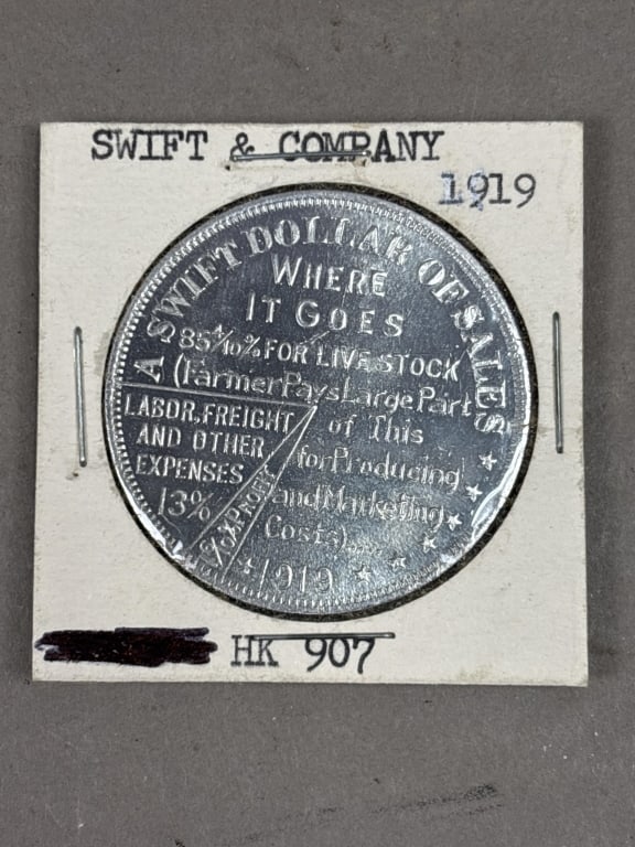 Swift & Co 1919 Swift Dollar: Please make sure you view all photos and ask any questions you may have! Great original collectible item. This is day 1 of our 2 day one owner auction event. Thanks and have a great day! Holler &