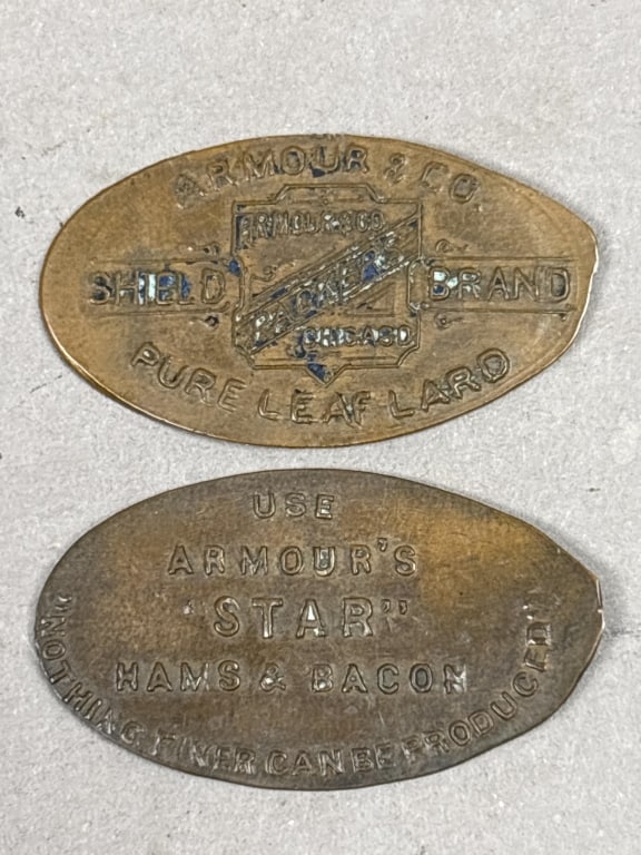Pair Armour's Star Hams & Bacon Pennies: Please make sure you view all photos and ask any questions you may have! Great original collectible item. This is day 1 of our 2 day one owner auction event. Thanks and have a great day! Holler & Hamm