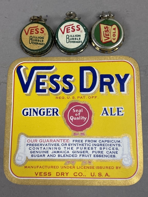 Lot of 4 Vess Beverage Label & Tops: Please make sure you view all photos and ask any questions you may have! Great original collectible item. This is day 1 of our 2 day one owner auction event. Thanks and have a great day! Holler & Hamm