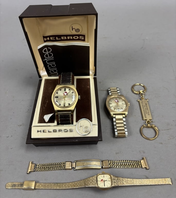 Lot 5 Vintage Armour Advertising Watches Helbros: Please make sure you view all photos and ask any questions you may have! Great original collectible item. This is day 1 of our 2 day one owner auction event. Thanks and have a great day! Holler &