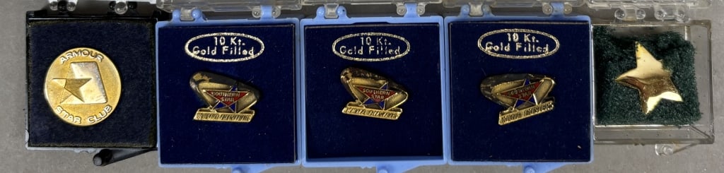 Lot of 5 Armour & Southern Star Quota Busters Pins: Please make sure you view all photos and ask any questions you may have! Great original collectible item. This is day 1 of our 2 day one owner auction event. Thanks and have a great day! Holler & Hamm