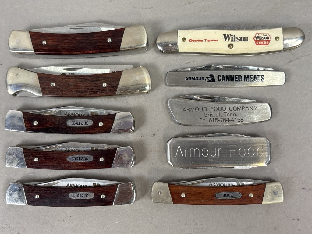 Lot of 10 Armour & Wilson Pocket Tactical Knives: Please make sure you view all photos and ask any questions you may have! Great original collectible item. This is day 1 of our 2 day one owner auction event. Thanks and have a great day! Holler & Hamm