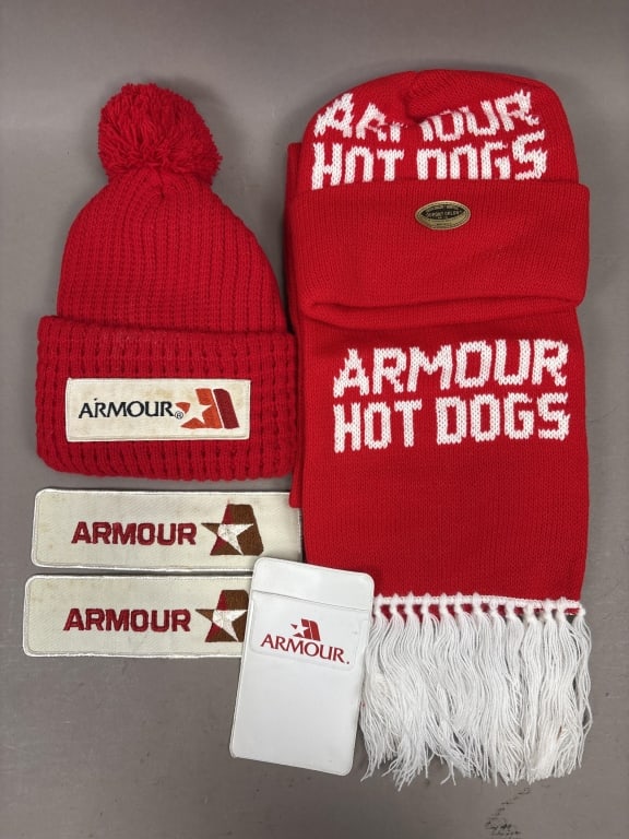 Armour 2 Hats & Patches 1 Scarf Pocket Protector: Please make sure you view all photos and ask any questions you may have! Great original collectible item. This is day 1 of our 2 day one owner auction event. Thanks and have a great day! Holler & Hamm